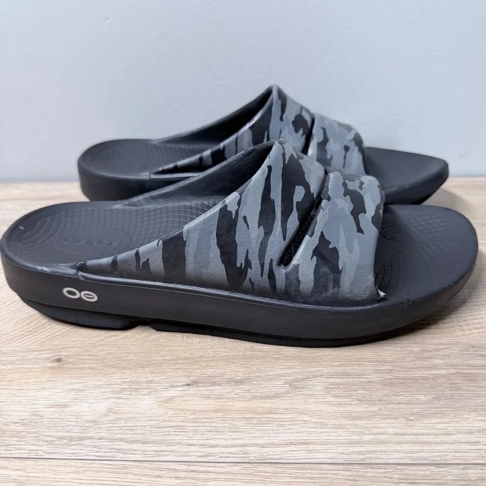 Oofos OOahh Sport Flex Slide Sandals Mens 8 Grey Black Camo Recovery Foam Casual